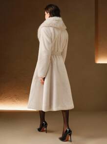 Anewsta 蓬松人造毛皮领子系带修身人造毛皮夹克 - 米色 - 查看 3