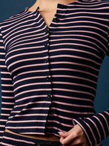 MISSGUIDED 罗纹针织两件套长袖纽扣前短款上衣阔腿裤家居服套装休闲冬秋季服装 - 黑色 - 查看 4