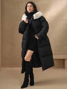 DAZY Women's Faux Fur Collar Hooded Long Sleeve Padded Coat, Autumn/Winter - Black - View 1