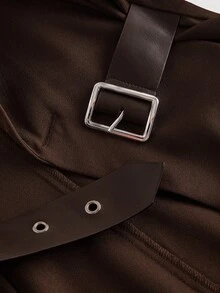 SHEIN MOD Bộ vest nữ đơn giản cổ khoét, eo thắt và quần ống loe, Bộ vest nữ, Bộ đồ hai mảnh màu nâu dành cho nữ, Quần ống loe cho mùa thu/đông - màu nâu - Xem 8