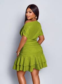 SOLERSUN 女士优雅派对日间杏色针织不对称领口长袖褶皱双褶迷你连衣裙 - 綠色 - 查看 2