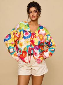 SHEIN VCAY Cardigan à imprimé floral avec nœud, vêtements de style décontracté pour la saison automne-hiver, idéal pour les femmes en tailles plus