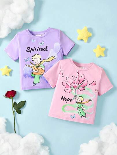 LE PETIT PRINCE X SHEIN Young Girl Cartoon Graphic Cute Round Neck Short Sleeve T-Shirt