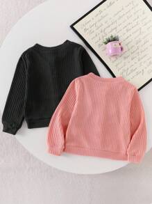 Genkimix Kids 返校季秋季服装两件套，女童可爱小马刺绣休闲罗纹条纹长袖粉色外套搭配黑色返校学院风冬季单品 - 粉色 - 查看 2