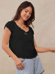 WESTFADE 竹节针织褶饰甜心领短款泡泡袖蝴蝶结前摆上衣女式休闲可爱夏季度假上衣 - 黑色 - 查看 3