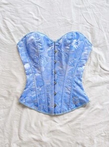 Soleia 复古宫廷风格彩色花卉提花印花吊带短款上衣，带纽扣和系带，适合女士，度假紧身胸衣上衣蓝色花卉紧身胸衣淡蓝色紧身胸衣上衣蓝色夏季紧身胸衣女士紧身胸衣蓝色紧身胸衣女士返校，返校季，毕业季 - 藍色 - 查看 5