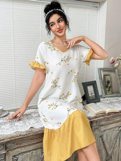 CottageSlumber 浪漫花卉黄色中长款喇叭袖花卉印花睡裙睡衣，Moo Moo 睡裙