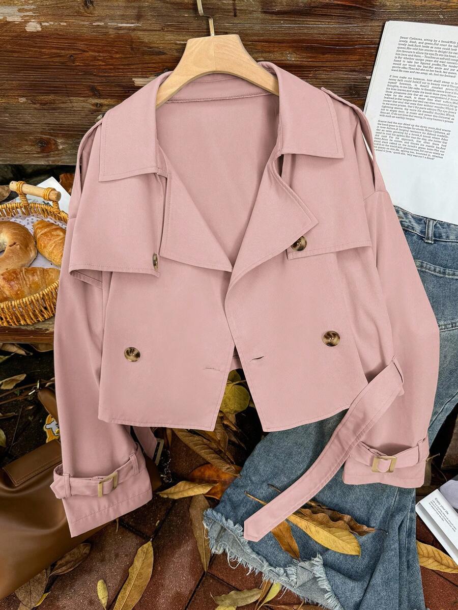 SHEIN EZwear Áo khoác trench coat cổ bẻ màu đen cỡ lớn - Bụi hồng - Xem 1