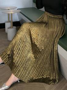 Dazy Plus Plus Size Elastic Waist Velvet A-Line Pleated Skirt, Elegant For Formal Events Fall Skirts - Khaki - View 3