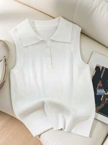 Franclia Nueva camiseta sin mangas de punto con cuello polo de ajuste ceñido para mujer, suéter de punto blanco para la universidad - Blanco - Ver 7