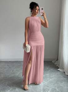 Elenzga Women's Elegant Solid Color Backless Pleated Slit Dress, Summer - Pink - View 3