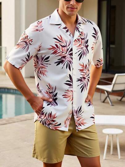 Manfinity VDAYZ Plus Size Men's Plant Print Short Sleeve Top And Solid Color Shorts Beach Outfit