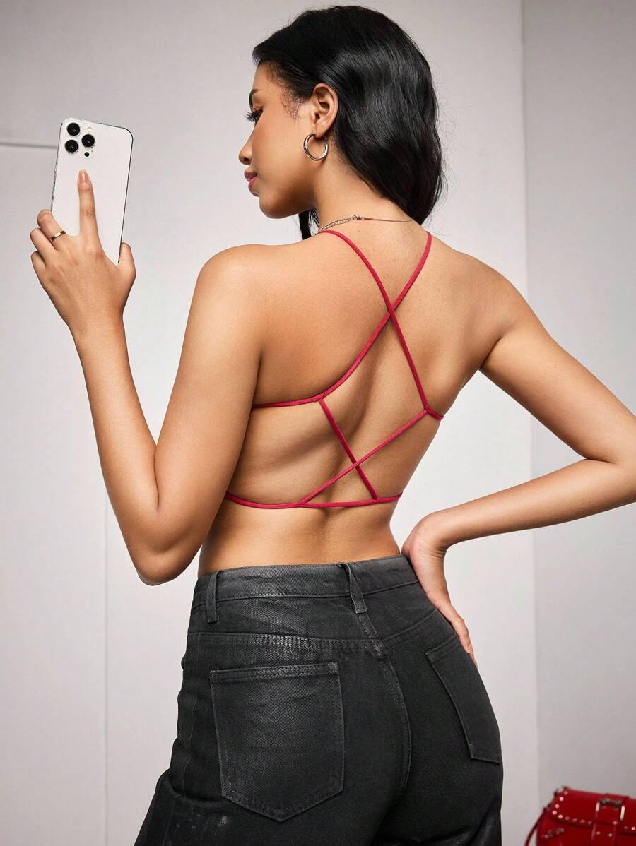 Solid Criss Cross Backless Bralet - Burgundy - View 1