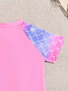 SHEIN 女童圆领半拉链短袖插肩袖连体泳衣，夏季 - 淺粉色 - 查看 5