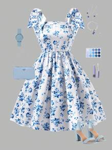 少女端庄优雅花卉印花针织无袖吊带背心裙，宽肩带，夏季舒适凉爽，新品，合身中长裙，适合学校，四季皆宜 - 藍色 - 查看 3