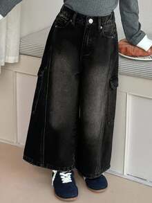 DAZY Young Girl Casual Washed Wide Leg Cargo Jeans - Black - View 3