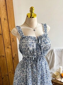 Comfortcana Vestido de talla grande de estilo casual de verano con lazo azul decorativo para vacaciones - Azul - Ver 3