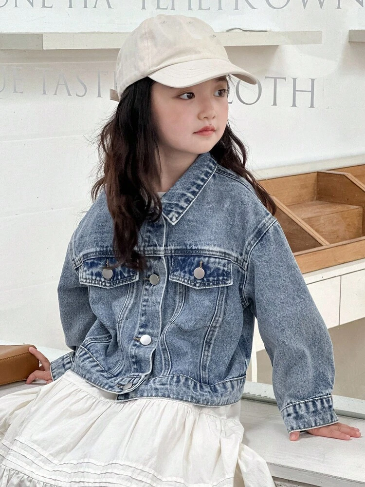Young Girls' Solid Color Long Sleeve Denim Jacket Fall,Winter