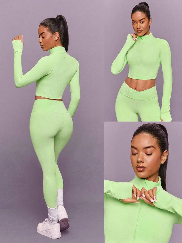 FeatherFit™ Studio Stamina Swea -Wicking Slim Fit Long Sleeve Thumbholes Cropped Zip Active Jacket Low Impact Yoga Pilates Studio Daily Casual Wear