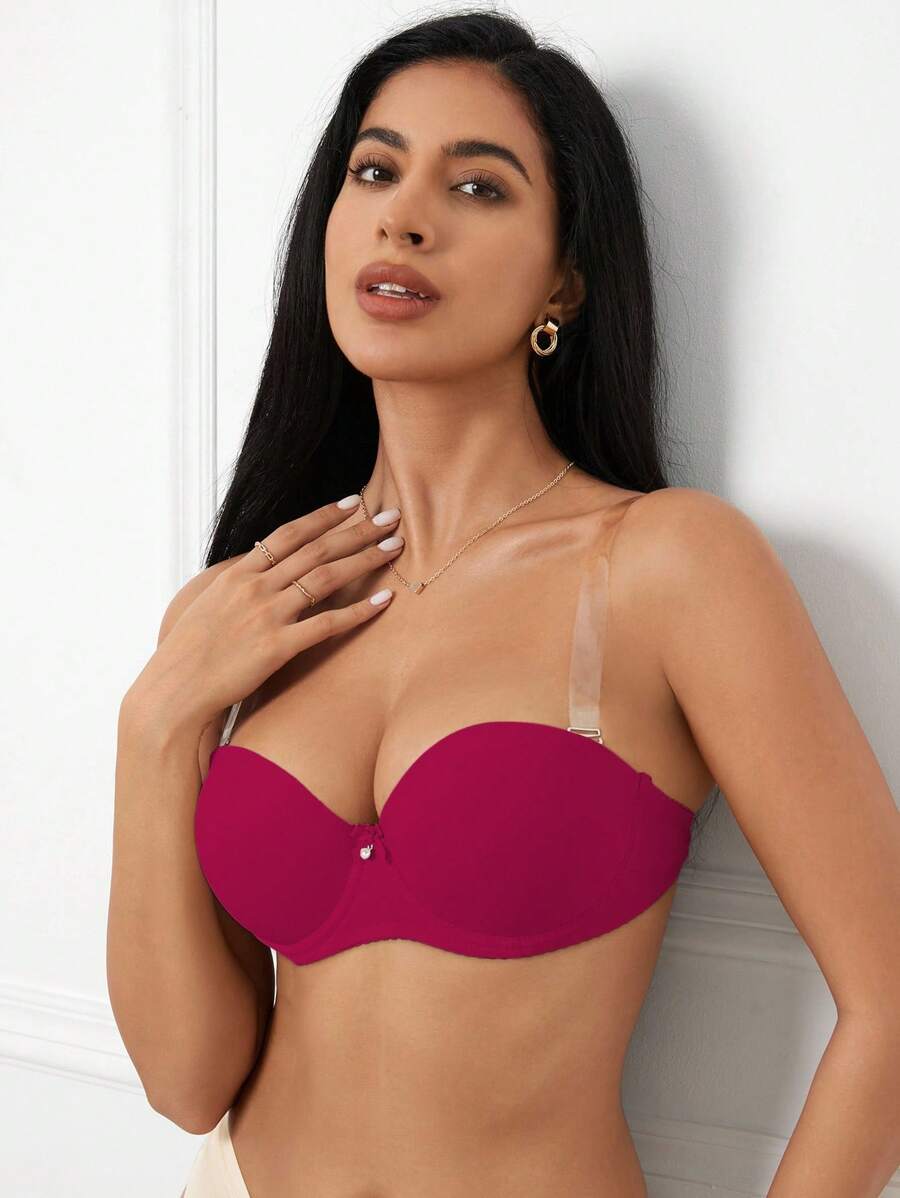 SHEIN 1 pieza Sujetador con aros y decoración de lazo de unicolor para mujer - Burdeos - Ver 1