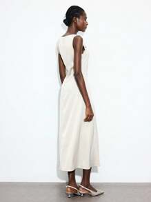 Maija 女士优雅纯色不对称领口连衣裙，夏季 - 卡其色 - 查看 6