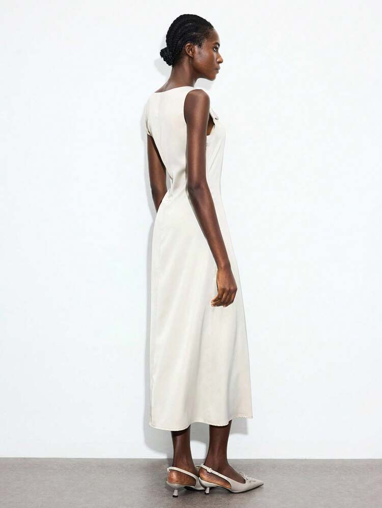 SHEIN Maija Women's Elegant Solid Color Asymmetric Neck Dress, Summer Asymmetrical Dress Creme Dress Tall Dress Draped Dress One Shoulder Dress Business Casual Women's Wear, Office Wear, Low-Key Old Money Style, Effortless Temperament, High-End Urban Commuting, The Same Style As The Editor-In-Chief Of The Magazine, Urban Social Vacation Party Wear, Charming, Low-Key And Durable Basic Style, Versatile And Not Picky Clothing, Street Fashion Wear, Clothing, Coffee Shop, Relaxed Wear All-Season Women's Airport