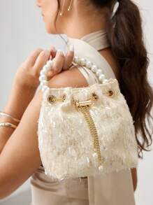 SHECARRY 链条细节仿珍珠装饰晚装包 - 米色 - 查看 2
