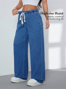 Flexra Elastic Waist Drawstring Cat's Whiskers Distressed Washed Knit Denim Pants - Medium Wash - View 7
