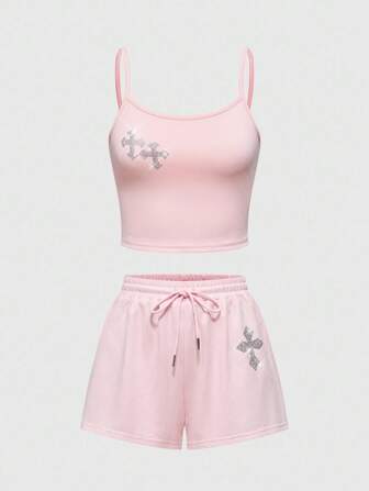 Goth Set de camiseta de tirantes y shorts elásticos de punto con decoración de strass versátil para mujeres, 2 piezas