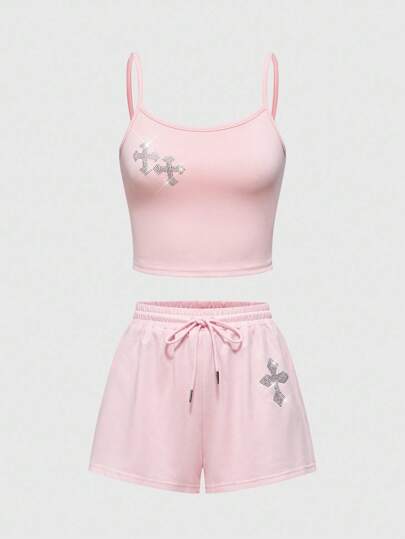 Goth Set de camiseta de tirantes y shorts elásticos de punto con decoración de strass versátil para mujeres, 2 piezas