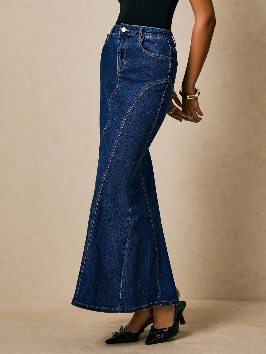 Poéselle 女式蓝色时尚拼接牛仔美人鱼裙女式牛仔裙牛仔长裙 - 深色水洗藍 - 查看 1