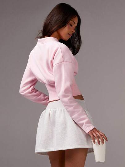 Athîral Women's Solid Color Zip-Up Cropped Fashionable Long Sleeve Jacket,Pink Jacket,Autumn,Winter Tops,Back To School,Sports And Leisure,Fall