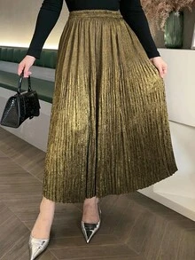 Dazy Plus Plus Size Elastic Waist Velvet A-Line Pleated Skirt, Elegant For Formal Events Fall Skirts - Khaki - View 6