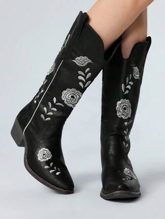 Fairycore 2025 New Fashionable Retro Western Cowgirl Boots For Women, V-Cut Mid-Calf, Embroidery Design