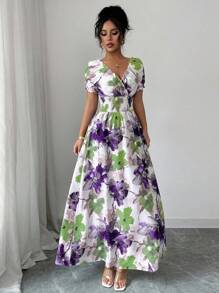 Elenzga Vestido largo con cuello en V y manga corta con estampado floral colorido para mujer
