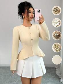 Elenzga Áo khoác vải họa tiết màu mơ vàng dài tay bất đối xứng, thắt eo thanh lịch dành cho nữ khi đi làm - Màu vàng - Xem 3