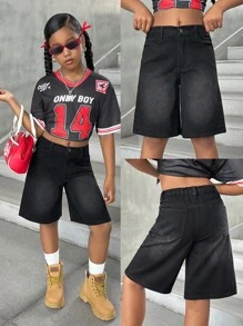 Tween Girls Fashion Casual Y2k Vintage Cool Comfortable Soft Breathable Black Loose Denim Shorts For Tween Girl Clothes Girls Costume Dailywear And Tween Girl Fall And Autumn Or Winter Clothes Back To School Homecoming Rave Outfits Festival And Beach Outfits Streetwear School Clothes Bermuda Shorts Teen Girls Jean Shorts Y2k