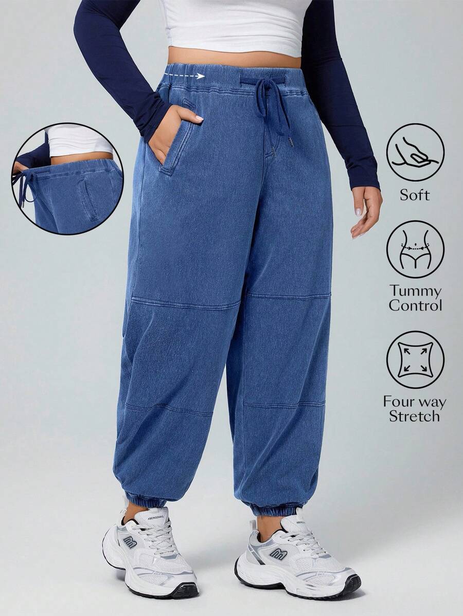 Flexra Pantaloni casual/da resort in denim blu scuro morbidi ed elastici per taglie forti - Blu lavato scuro - Visualizzare 1