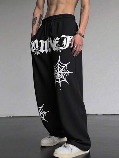 Calça de moletom preta com estampa contrastante de Halloween para meninos pré-adolescentes, casual, confortável, moderna, versátil, tecido macio, adequada para uso diário, escola, passeios, feriados, Halloween, todas as estações