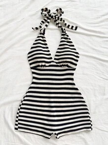 Soleia 女士度假红白条纹针织纹理深 V 领系带前连体裤，修身剪裁，适合派对、情人节、约会之夜、分层穿着、海滩、邮轮、节日、复活节、波西米亚风度假 - 彩色 - 查看 6