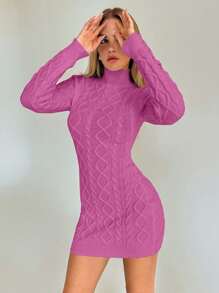 EURMUSE Damen Herbst/Winter Neue Sexy Modische Alltagskleidung Rollkragen Zopfstrick Dicker Kurzer Pulloverkleid - Pink - Übersicht 7