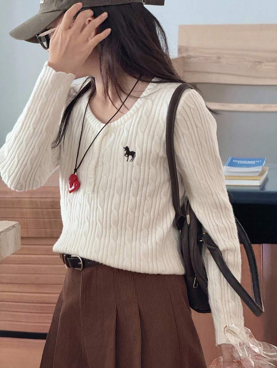 Dazy Kids Áo len thêu cổ tròn cho bé gái, Quần áo mùa thu - trắng - Xem 1