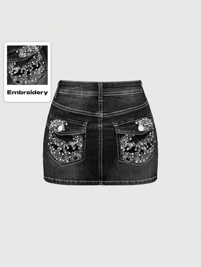 Grunge Punk Y2K Style Pocket Skull Embroidery Studded Contrast Stitching Elastic Mini Denim Skirt (With Leggings) For Women