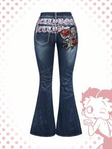Betty Boop | ROMWE Y2K Retro Distressed Betty Embroidery Tight Super Low Waist Flare Jeans For Women - Blue - View 1