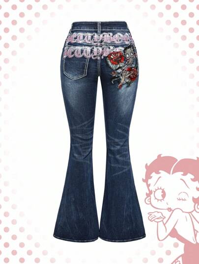 Betty Boop | ROMWE Jeans acampanados de tiro súper bajo con bordado de Betty en estilo retro desgastado Y2K para mujeres