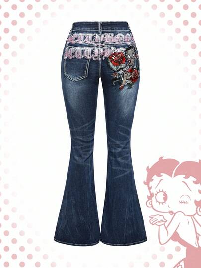 Betty Boop | ROMWE Y2K Retro Distressed Betty Broderi Tight Super Low Waist Flare Jeans För Dam