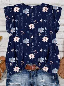EMERY ROSE Plus Size V-Neck Ruffle Sleeve Printed Casual Blouse, Suitable For Summer Autumn And Winter,Back To School Chic Blouses For Women - Navy Blue - View 2