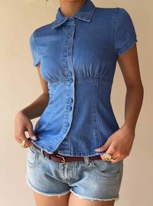 Siren Gaze Women's Denim Casual Fitted Short Sleeve Blouse, Blue Denim Button-Down Shirts, Spring/Autumn Summer Casual - Medium Wash - View 3