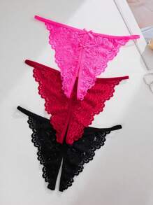 3pcs/Pack Sexy Lace Crotchless Panties, Going Out - Multicolor - View 5