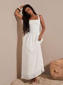 Opulessa 女士纯色镂空刺绣系带露背连衣裙